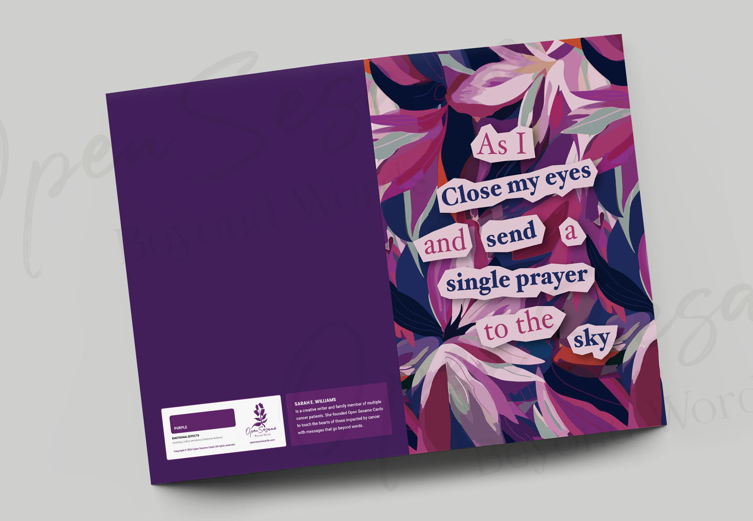 Open Sesame Cards - card front cover text 'As I close my eyes and send a single prayer' with back image.