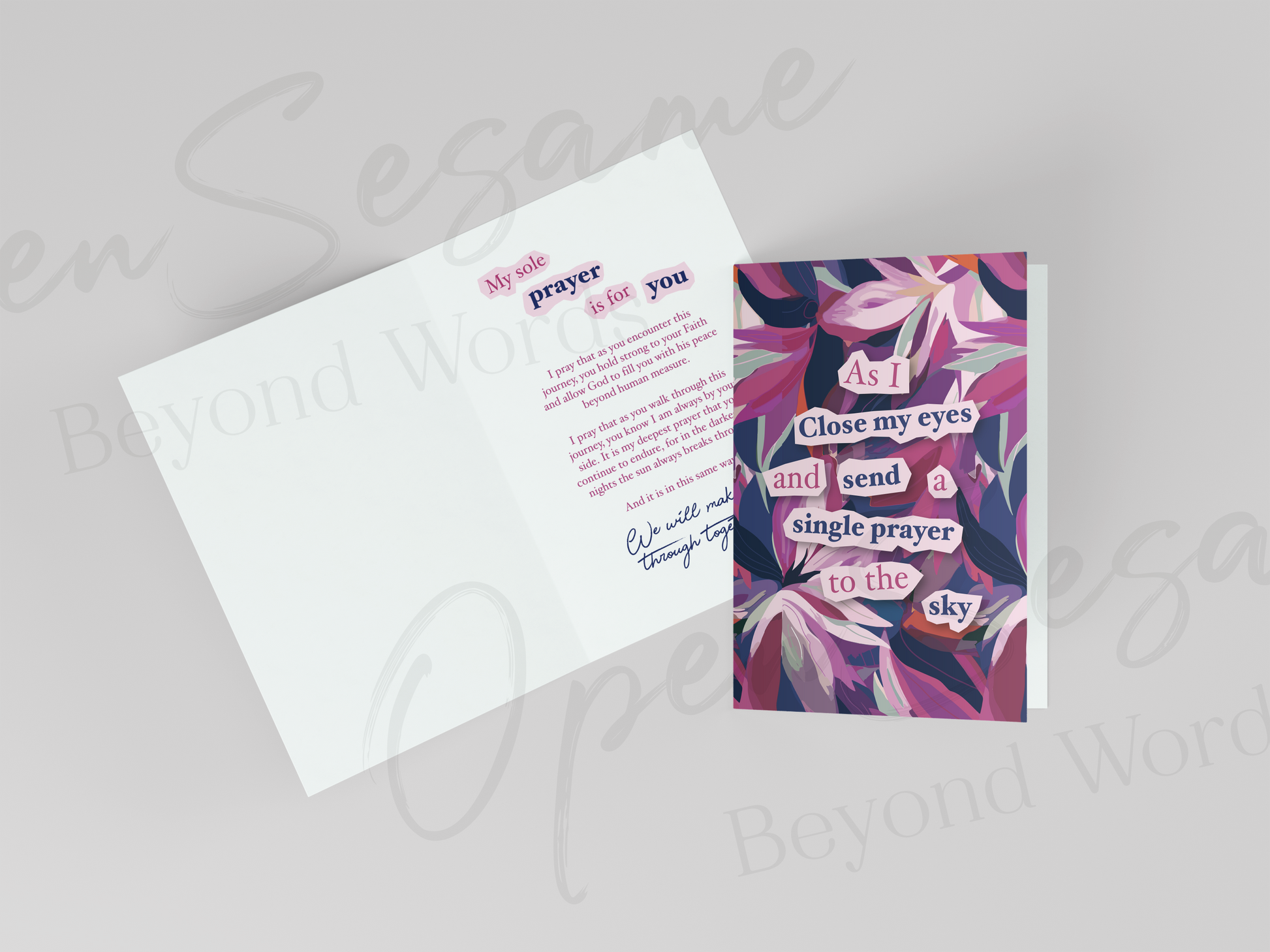 Front of card in support of those with cancer that reads ‘As I Close My Eyes’. Also shows message displayed on inside of card.