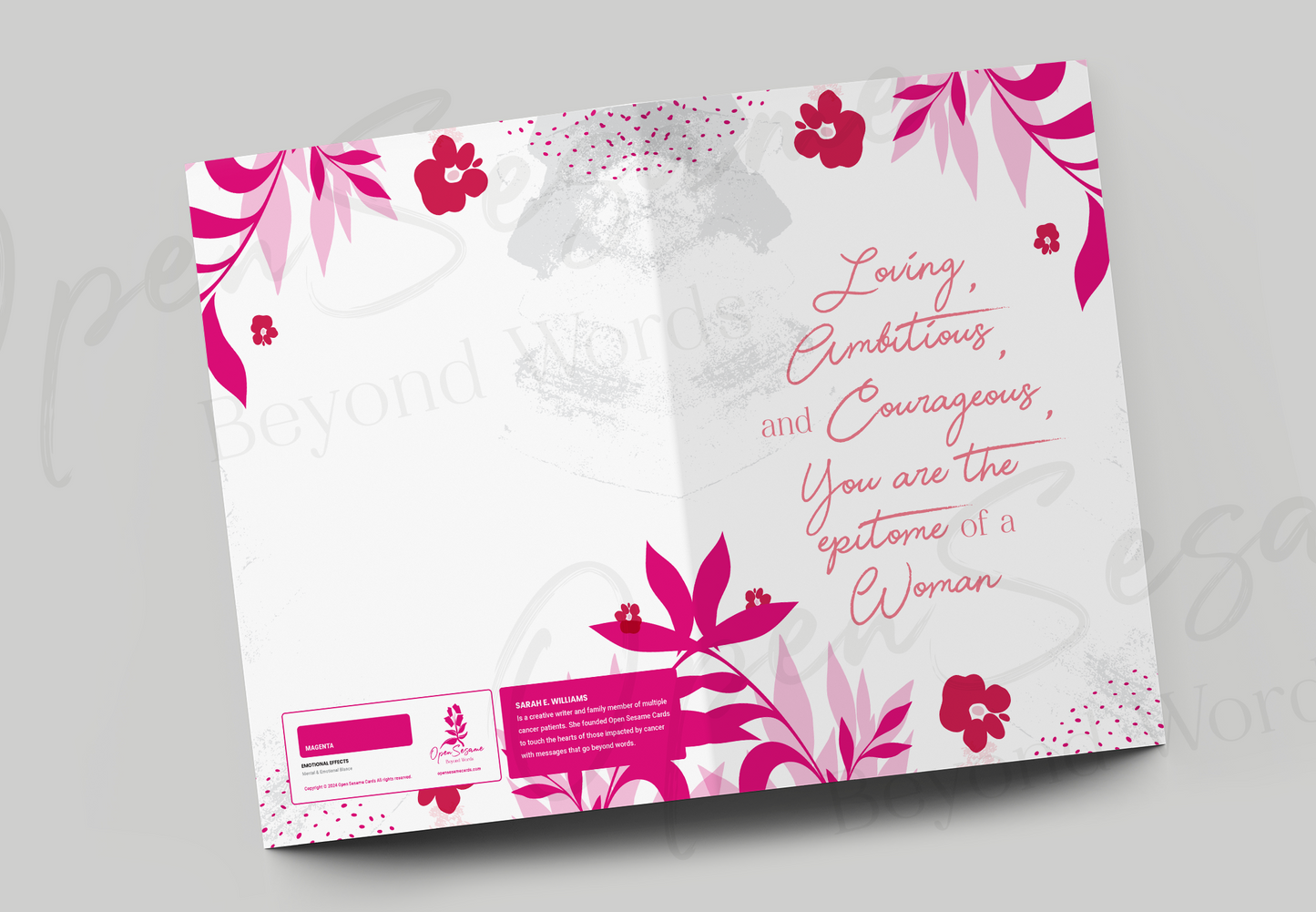 Front of card in support of those with cancer that reads ‘Epitome of a Woman’.