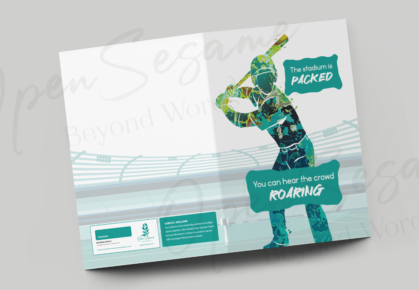 Front of card in support of those with cancer that reads ‘The Stadium is Packed’.