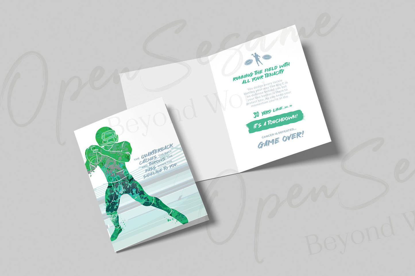 Open Sesame Cards - C27 - front of card reads ‘The Quarterback Catches the Ball’ in support of those with cancer.