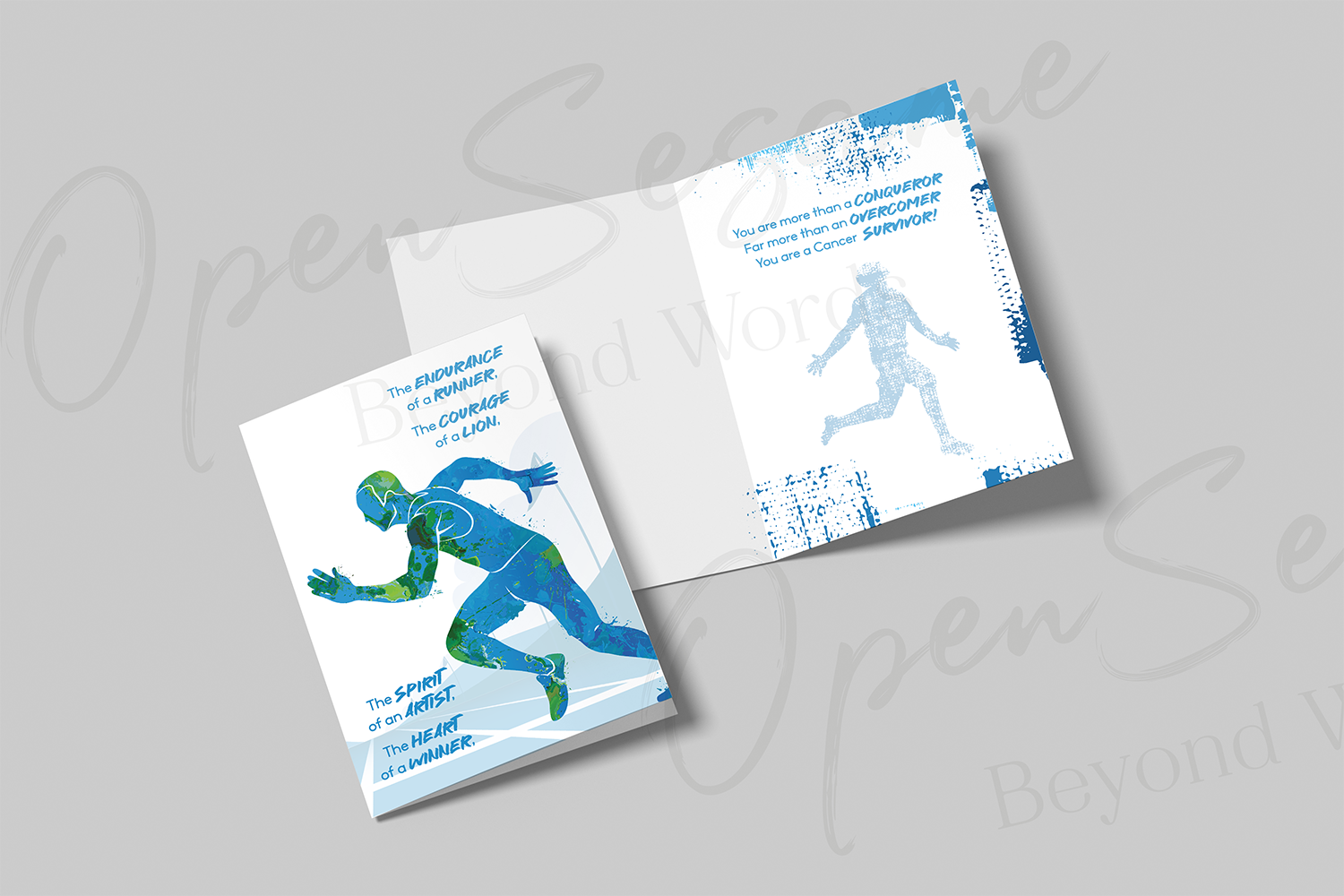Open Sesame Cards - Front of card in support of those with cancer that reads ‘Endurance of a Runner and the Courage of a Lion'