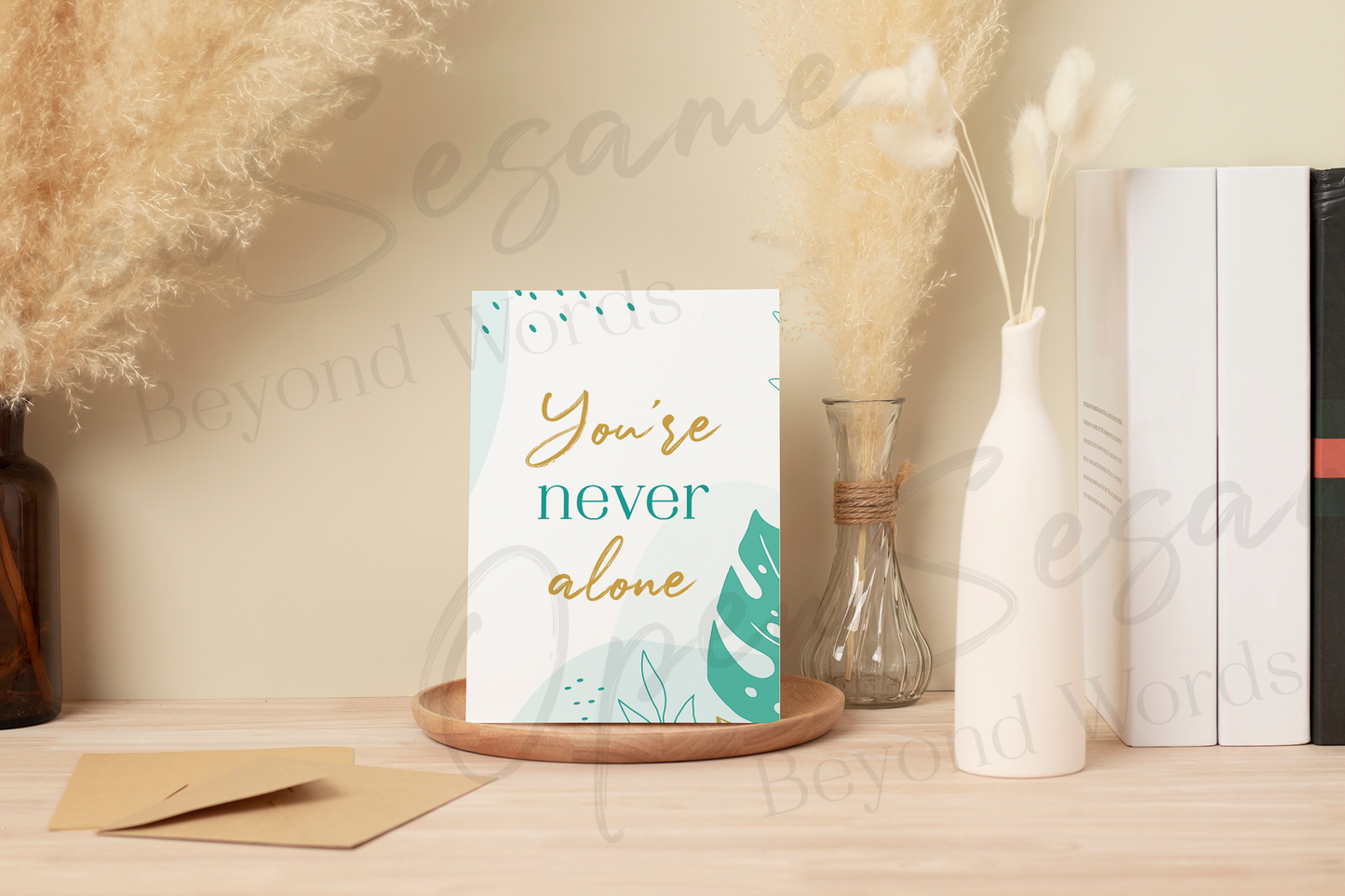 Front of card in support of those with cancer that reads ‘You're Never Alone’.