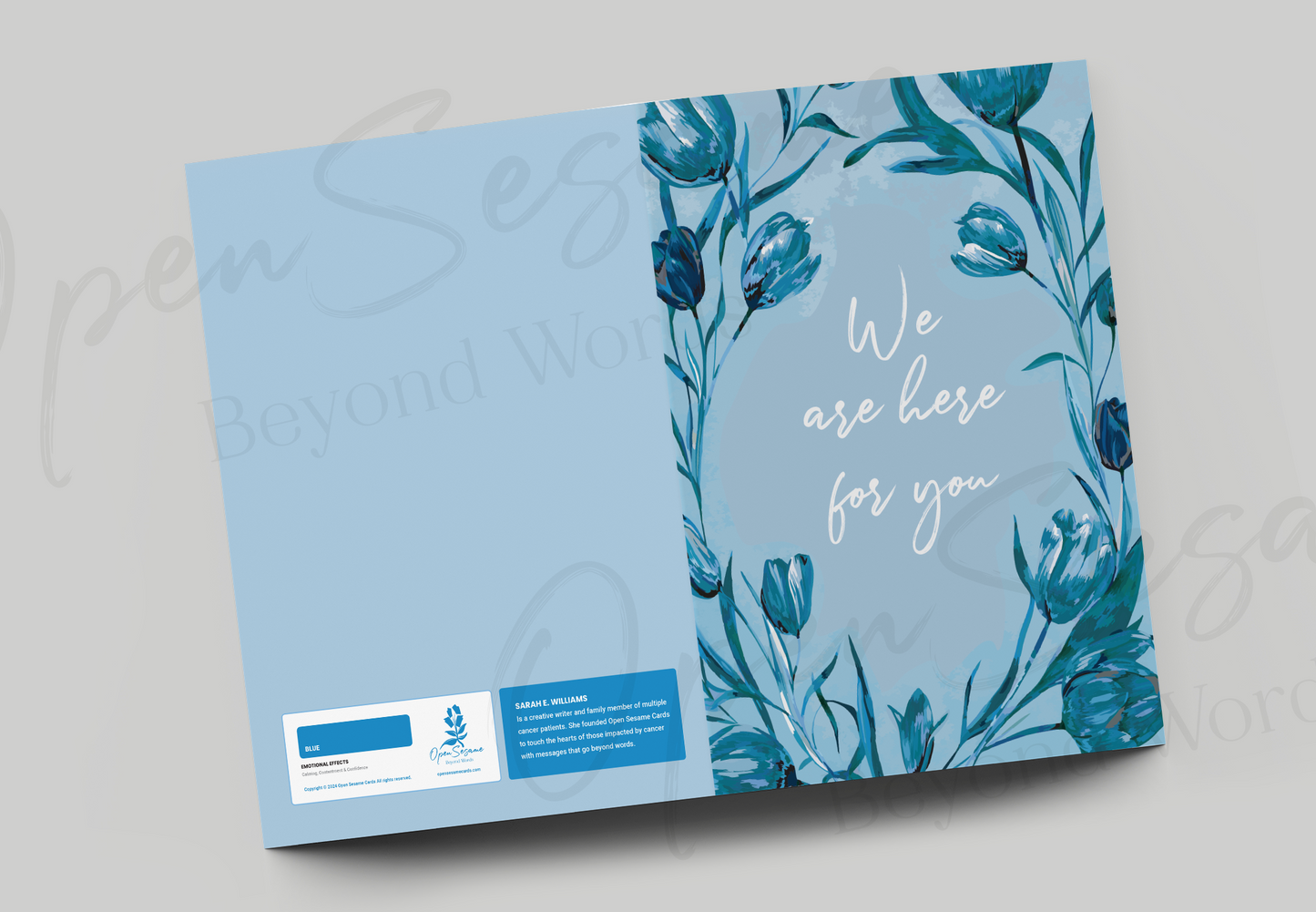 Front of card in support of those with cancer that reads ‘We Are Here For You’.