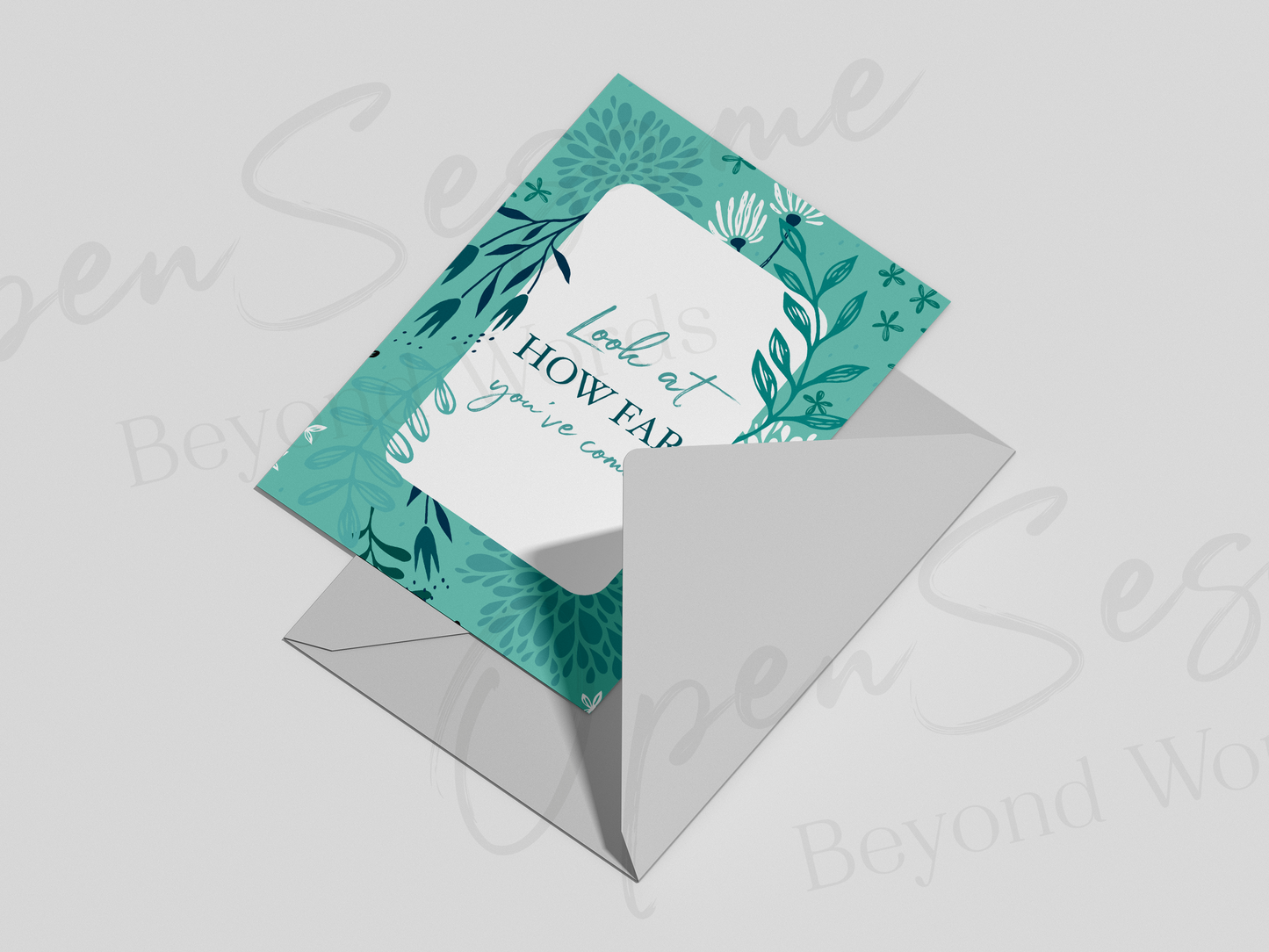 Front of card in support of those with cancer that reads ‘Look at how far you’ve come!’.